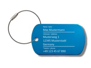 Gep&auml;ckanh&auml;nger "Blau" graviert mit Ihrem Namen, Aluminium, Kofferanh&auml;nger