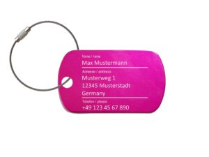 Gep&auml;ckanh&auml;nger "Pink" graviert mit Ihrem Namen, Aluminium, Kofferanh&auml;nger