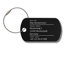 Gep&auml;ckanh&auml;nger "Schwarz" graviert mit Ihrem Namen, Aluminium, Adressanh&auml;nger