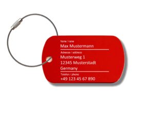 Gep&auml;ckanh&auml;nger "Rot" graviert mit Ihrem Namen, Aluminium, Adressanh&auml;nger