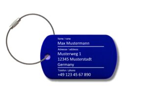 Gep&auml;ckanh&auml;nger "Ocean Blue" graviert mit Ihrem Namen, Aluminium, Kofferanh&auml;nger